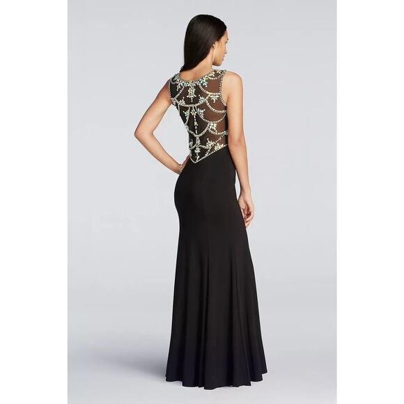 Betsy & Adam Illusion Low Back Prom Evening Gown with Crystal Beading and Mesh - Picture 13 of 14